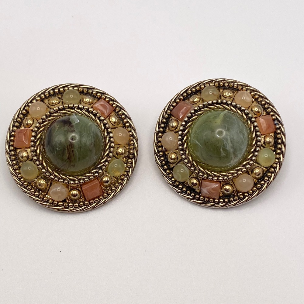 Unsigned Clip On Earrings Gold Tone Vintage Faux Stone Green Orange 1.5 Inch